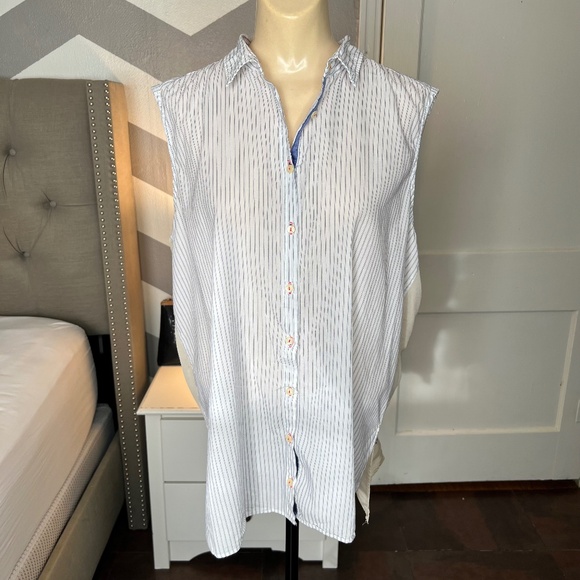 Johnny Was Pinstripe Embroidered Button Down, White, Cream - Picture 2 of 3